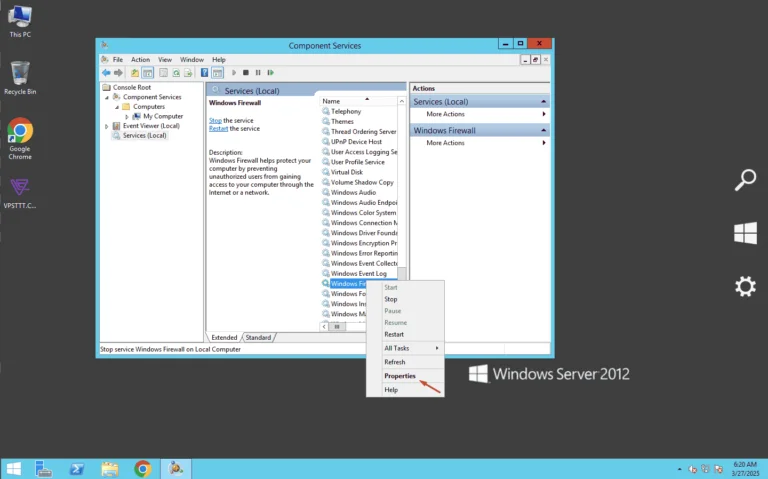 Mở Properties của Windows Firewall