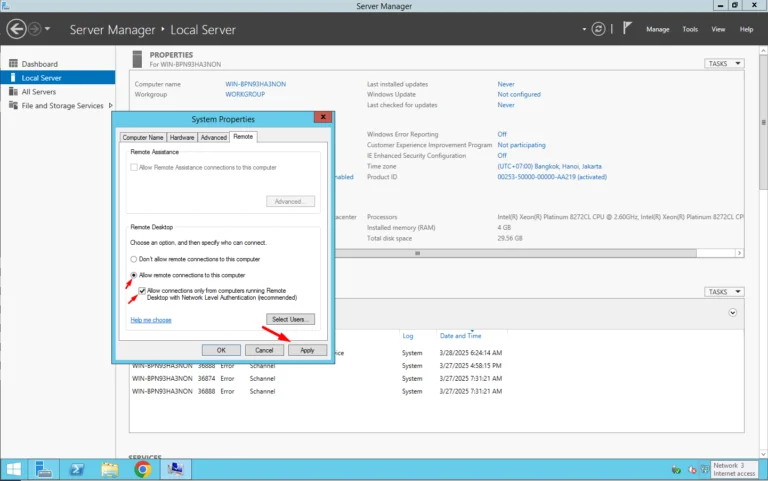 Minh họa Bật qua server manager