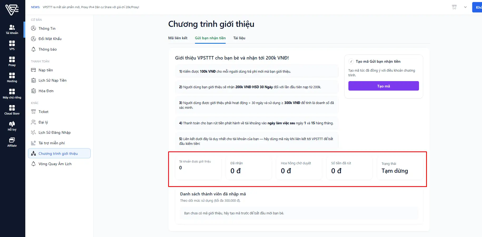 Màn hình theo dõi hoa hồng Affiliate VPSTTT