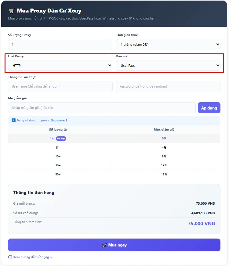 Hướng dẫn mua và sử dụng Proxy Dân Cư Xoay tại VPSTTT