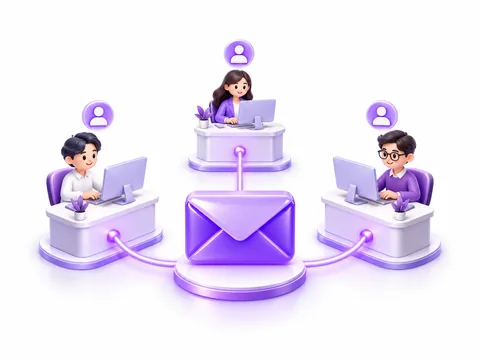 Ba bàn làm việc kết nối tới một phong bì thư chung