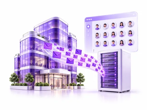 Tòa nhà văn phòng và luồng thư đi vào máy chủ email