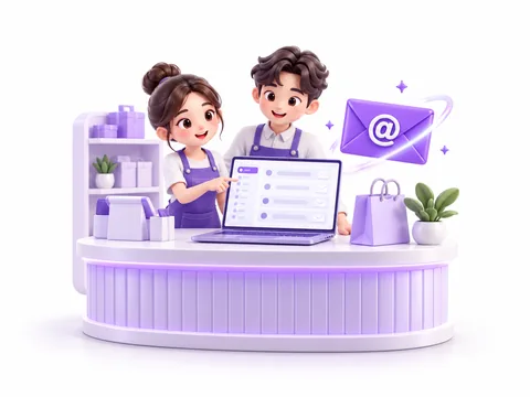 Quầy cửa hàng nhỏ với máy tính đang mở hộp thư