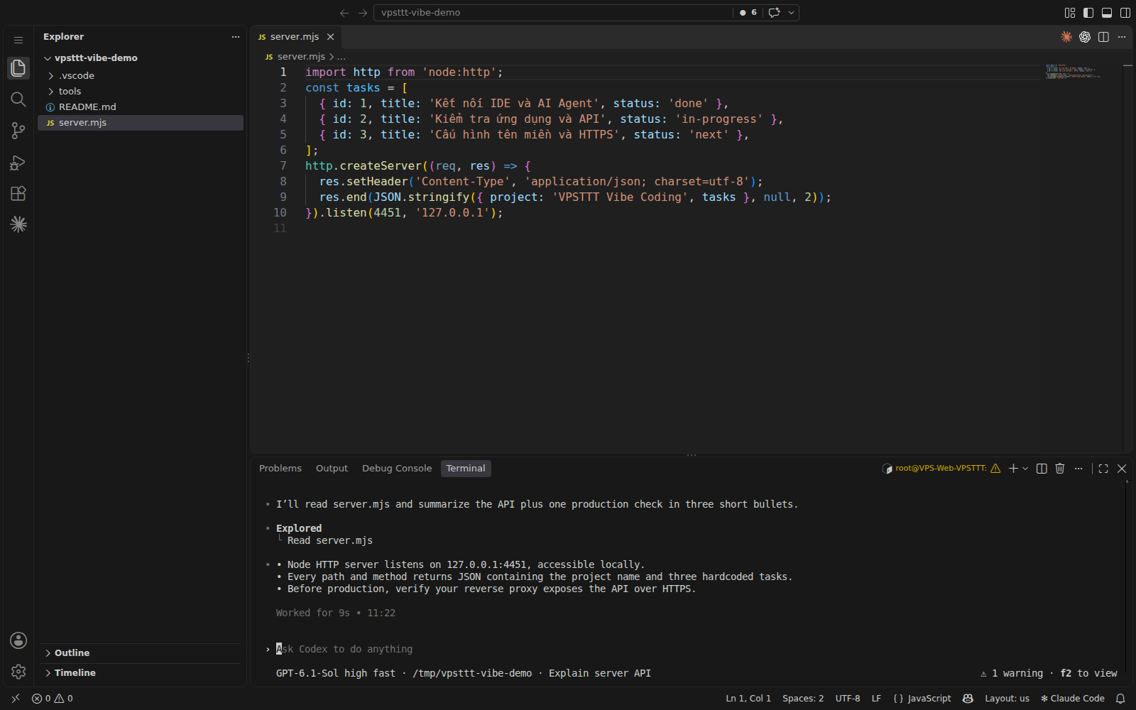 Ảnh chụp thực tế workspace demo VPSTTT trên VPS: VS Code, API Node.js và phản hồi Codex CLI