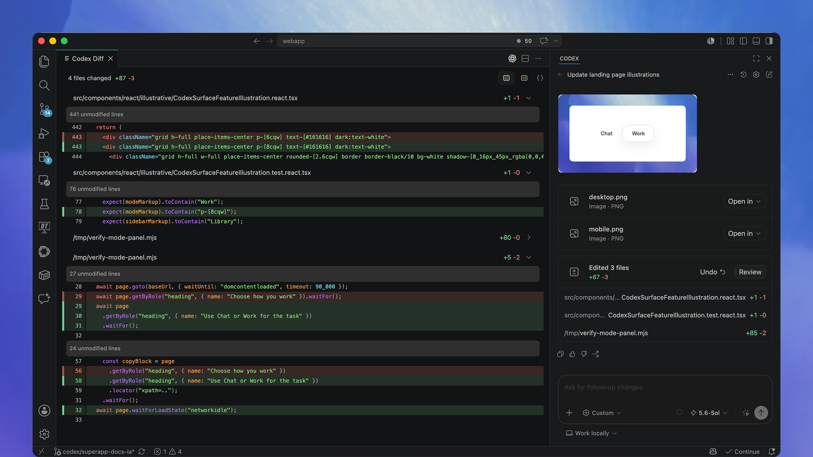 VS Code với bảng Codex và phần xem lại thay đổi mã nguồn