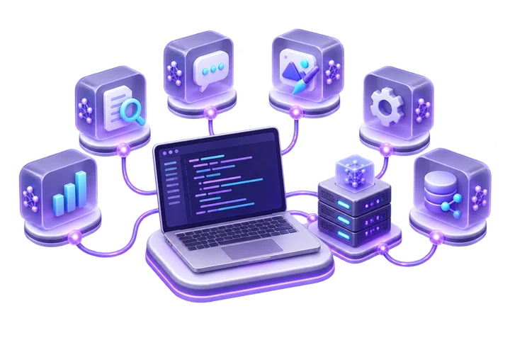 Illustration of multiple AI tools and agents connected to a VPS workspace