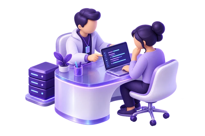 Illustration of an advisor helping a customer one-to-one with their laptop and VPS