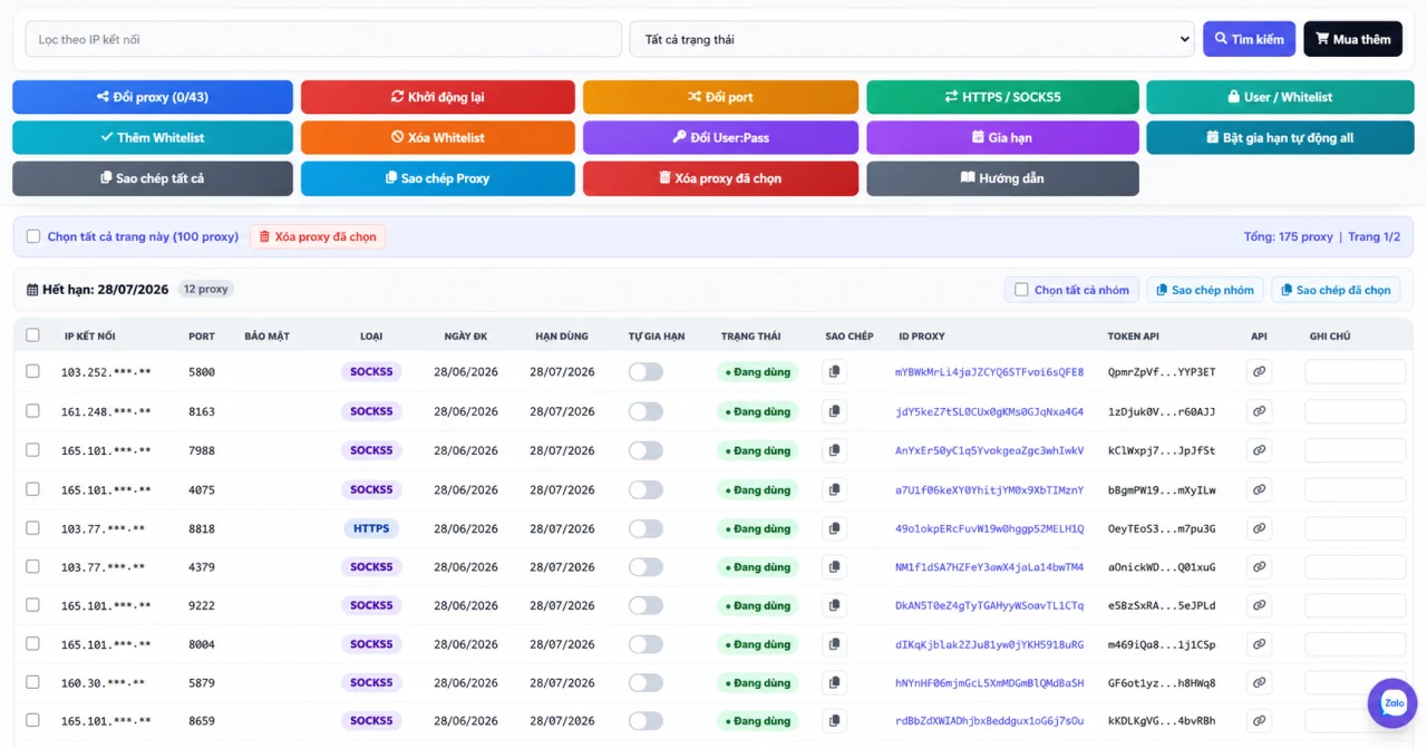 Giao diện quản lý Proxy tại VPSTTT