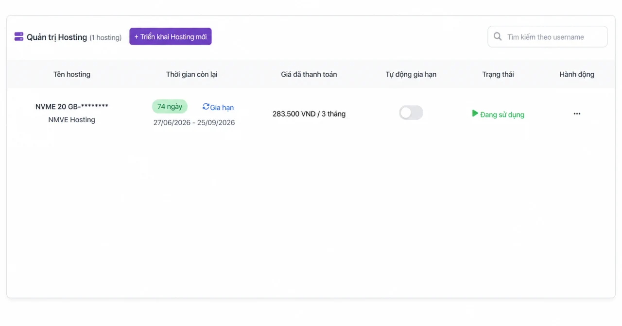 Giao diện quản lý Hosting tại VPSTTT