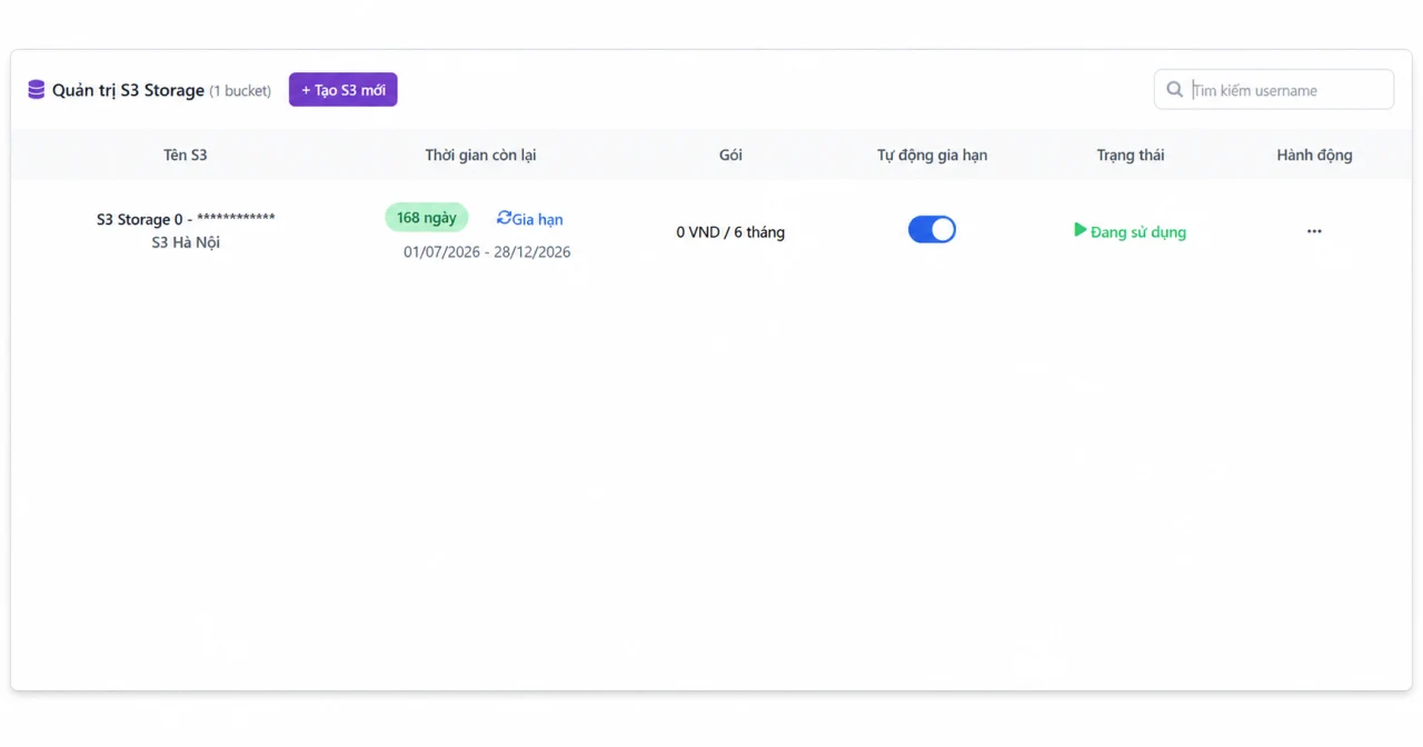 Giao diện quản lý Server tại VPSTTT
