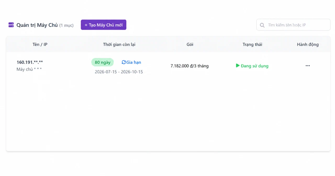 Giao diện quản lý Server tại VPSTTT
