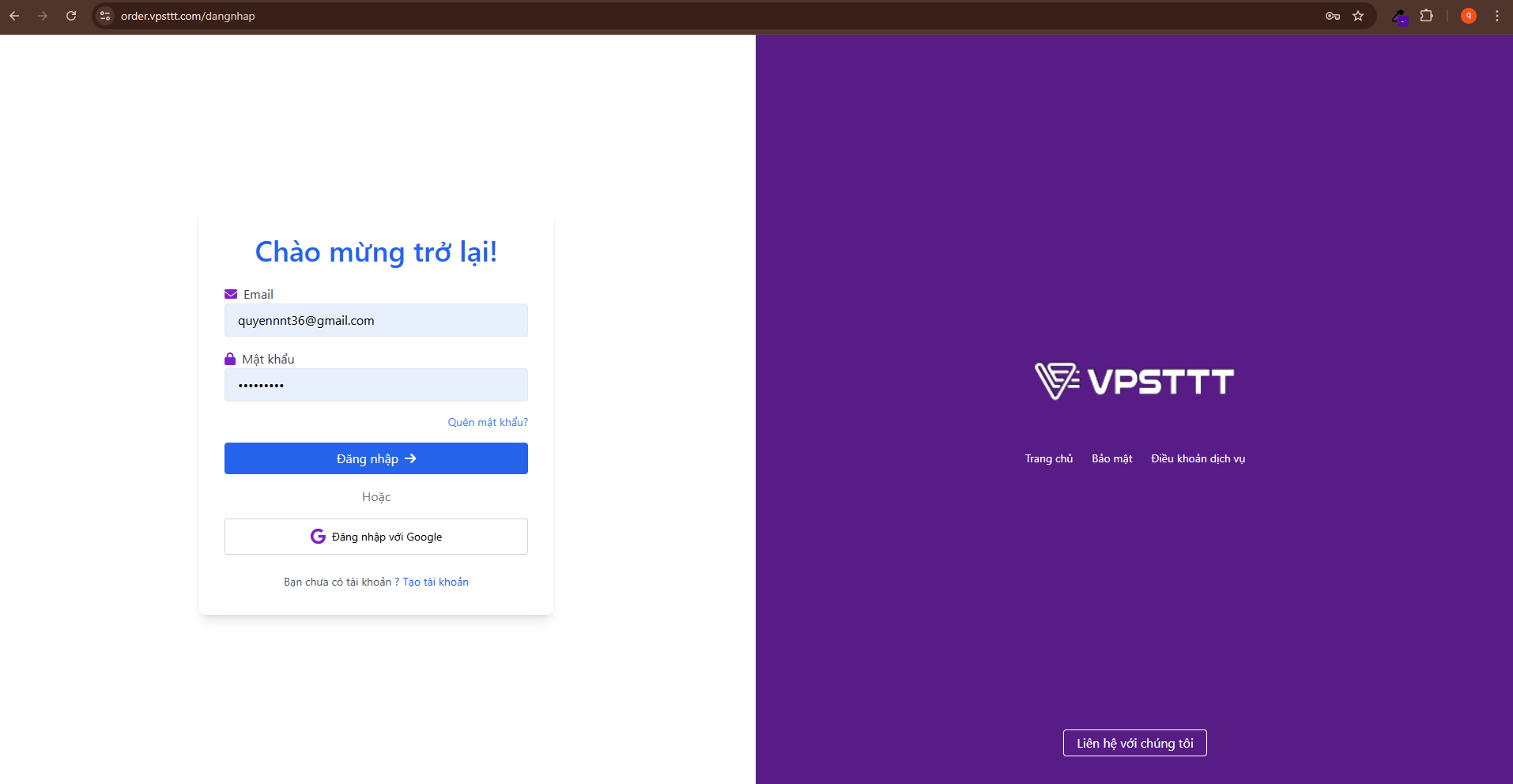Trang đăng nhập Quản lý dịch vụ VPS