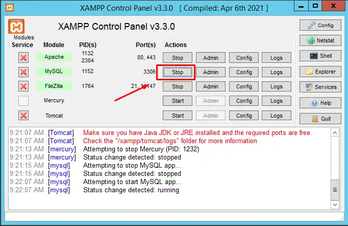 cách sửa lỗi msql trong xampp